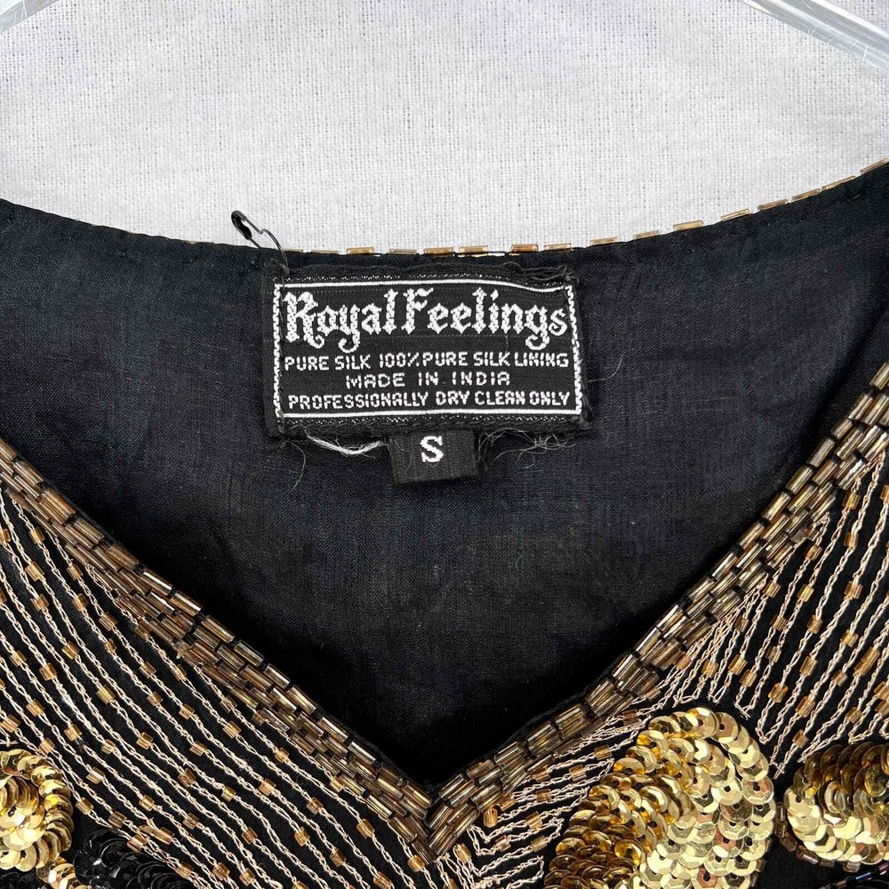 VINTAGE 80s Sequin Top Women Small Black Gold Beaded Silk Party Blouse Disco - Picture 11 of 16